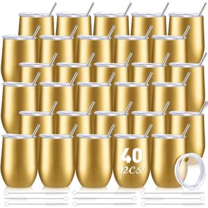 Sieral 40 Pack Insulated Wine Tumblers Bulk 12oz Stainless Steel Wine Cups with Lids & Straws, Double Wall Vacuum Coffee Tumbler for Wedding Party, Employee Teacher Nurse Gifts(Champagne Gold)
