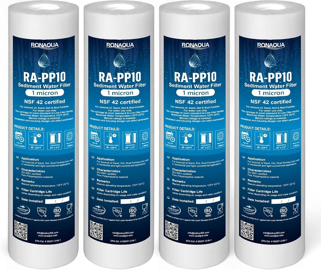 Ronaqua 1 Micron Sediment Water Filter Cartridge 10"x2.5", NSF Certified, 4-Layer Filtration for any 10-inch RO Units & Whole House Systems, Compatible with Culligan P5, AP110, WHKF-GD05, 4 Pack