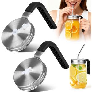 Palksky Mason Jar Lids with Straw Hole & Handle for Regular Mouth Jars, Leak-Resistant Drinking Lids with Extra Silicone Rings, Mason Jar Straw Lids for Iced Coffee, Lemonade, Juice (2 Pack)