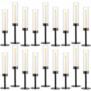 Black Candle Holders 18pc Hurricane Candlestick Holders, Taper Candle Holders with Glass Candle Cover for Wedding Table Centerpiece Decoration Christmas Party (19/16.5/14.2 Inch)