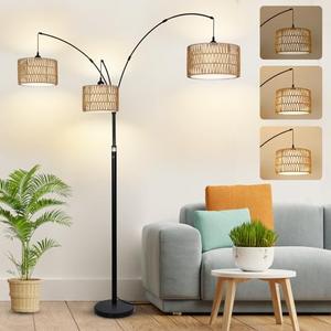 Airposta Black Arc Floor Lamps for Living Room, Farmhouse Boho Floor Lamp for Bedroom, Industrial Standing Lamp for Office, Dimmable Tall Lamp with Rattan Lampshades, Reading Arched Light