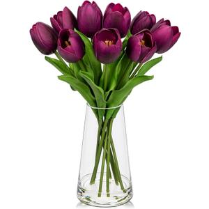 Fake Tulips Artificial Tulip Flowers in Glass Vase with Faux Water, 14.2" Real Touch Purple Tulip Flowers Dcor for Table Centerpiece Home Farmhouse Resto Wedding Decoration