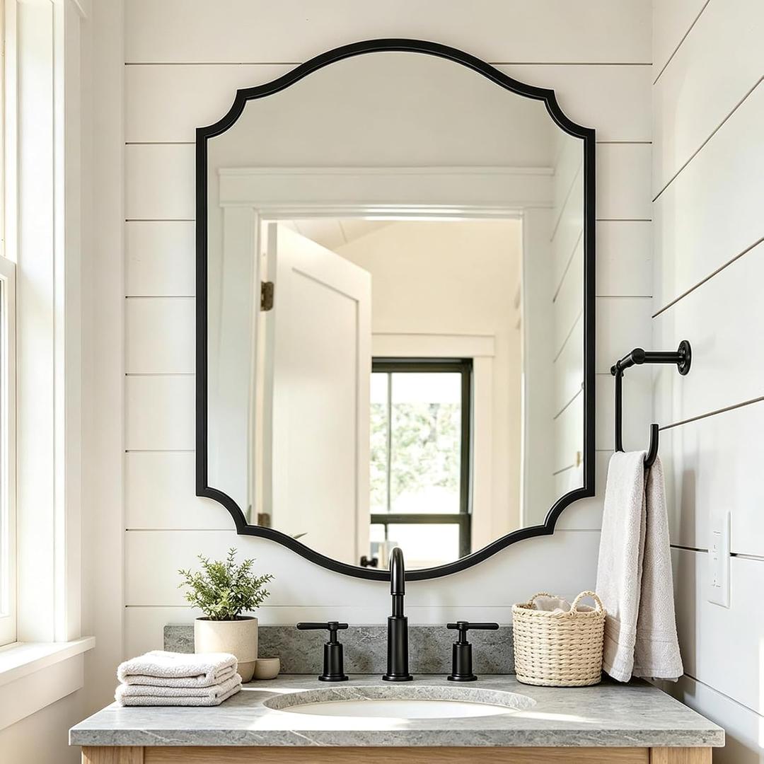 Black Arched Mirror, 32'' X 24'' Bathroom Vanity Mirror with Metal Frame, Elegant Scalloped Mirror for Living Room, Mantel, Entryway, Dining Room