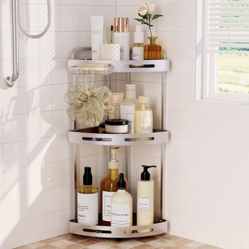 Binecer Corner Shower Caddy Standing, 3 Tier Shower Organizer Stand with Soap Holder, Rustproof Shower Shelves for Bathroom Storage, Silver