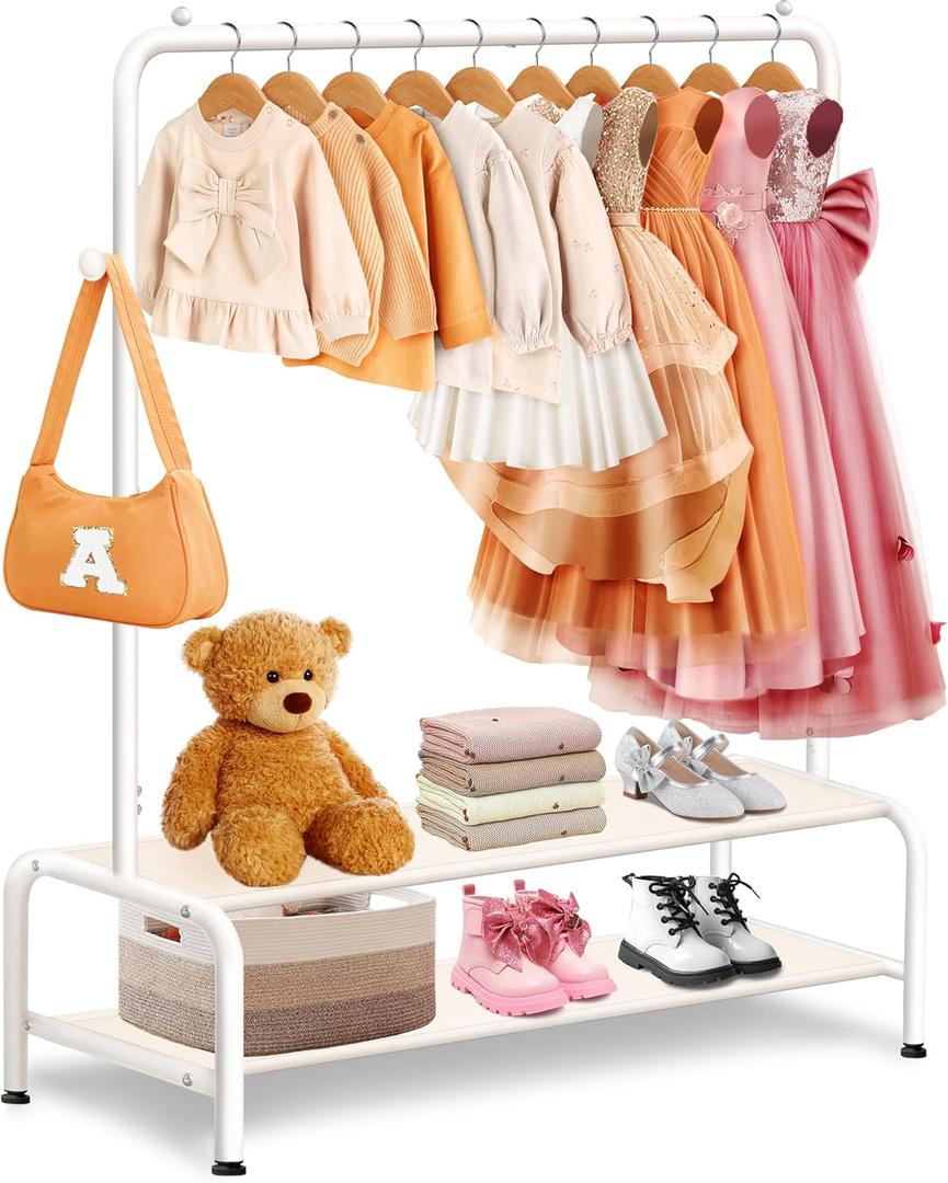 Kids Clothing Rack - Dress Up Clothes Rack - Baby Toddler Closet - Mini Freestanding Coat Racks with 2 Fabric Shelves - Small Kids Costume Wardrobe - Garment Rack for Hanging Clothes Organizer (White)