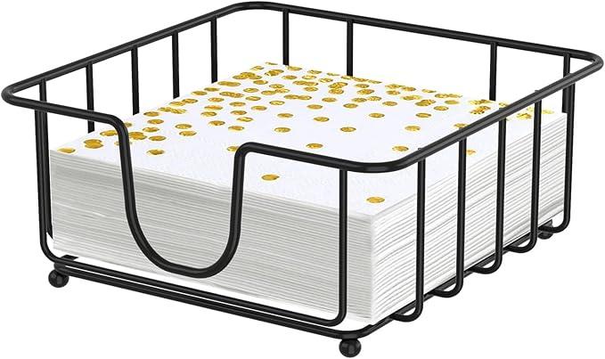 Metal Cocktail Napkin Holder for Bar, Flat Napkin Holder Caddy for Cocktail Napkins and Beverage Napkins, 5.7" x 5.7" x 2.2" Inside Size (Black)