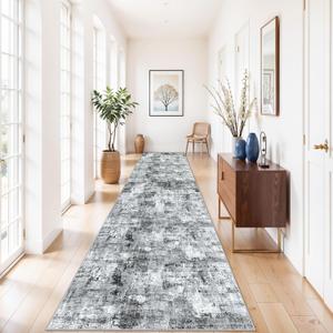 3x15 Ft Long Hallway Runner Rug - Non-Slip Washable Kitchen Runner Rug with Rubber Backing | Modern Abstract Wide Floor Carpet Runner for Indoor Entryway, Bedroom, Living RoomGrey