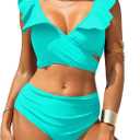 ZAFUL Women High Waisted Bikini Sets Two Piece Ruffle Tummy Control Swimsuit 2025 Cross Cutout Ruched Bathing Suit Lake Blue, XL
