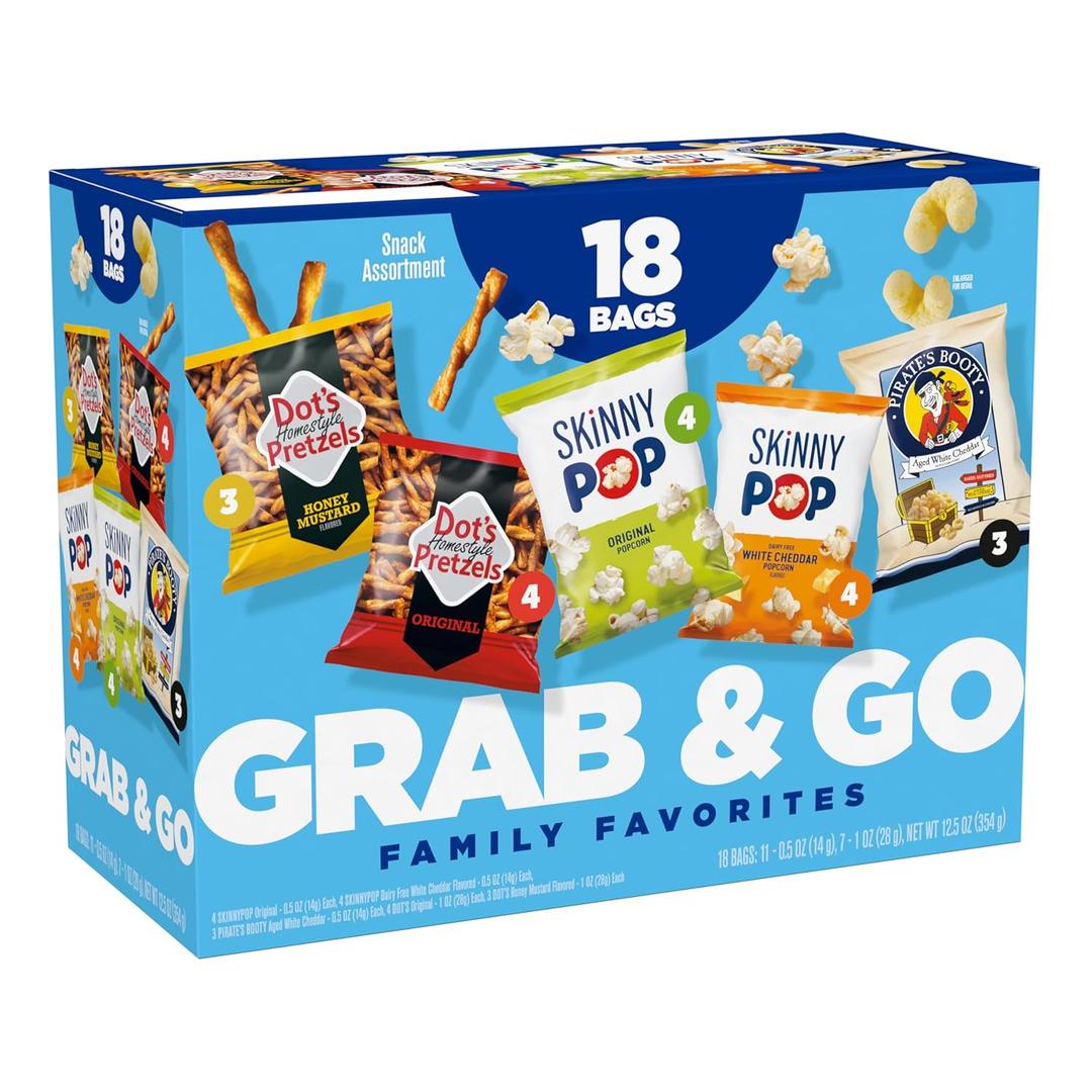 SkinnyPop Family Favorites Variety Pack, Original and Dairy Free White Cheddar Popcorn, Dot's Honey Mustard Pretzels, Pirate's Booty, Gluten-Free, On-the-Go Snacks, 0.5oz and 1oz Bags (18 Count) (EXP 10/03/26)