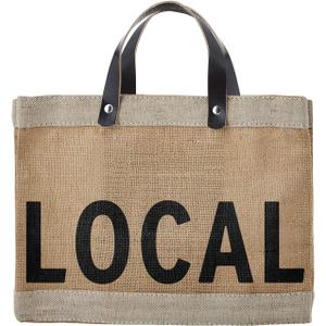 Santa Barbara Design Studio Local Mini Farmers Market Tote, Reusable Burlap Grocery Bag with Leather Handle, Purse for Beach or Picnics, Food Lovers Gift Idea, 12.5 x 9.5 Inches