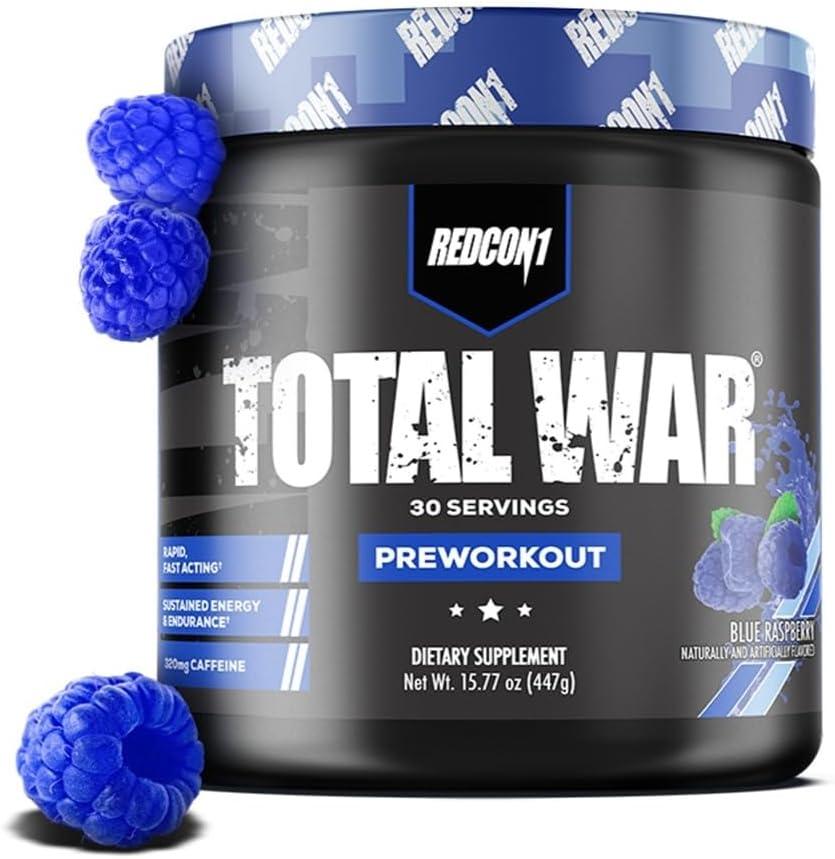 REDCON1 Total War Pre Workout Powder, Blue Raspberry - Beta Alanine + Citrulline Malate Keto Friendly Preworkout for Men & Women with 320mg of Caffeine - Fast Acting (30 Servings)