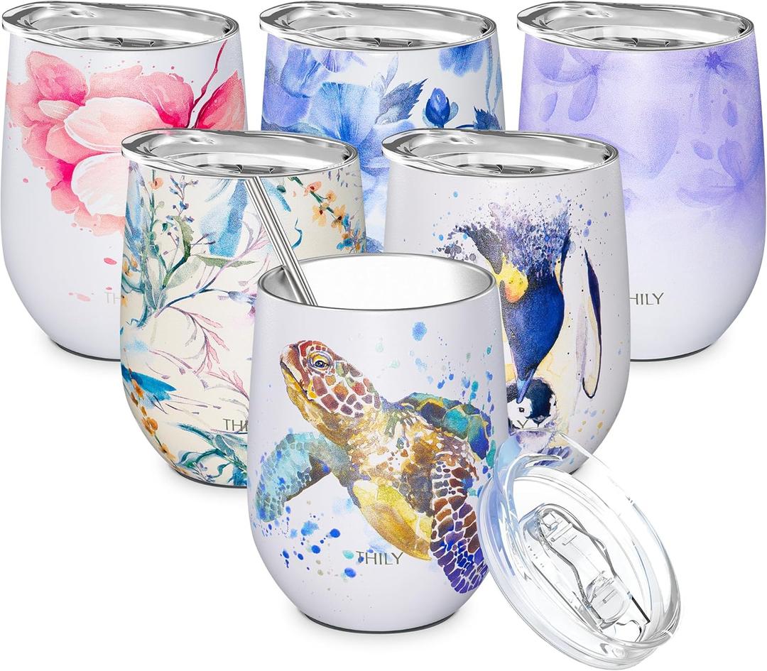 THILY Tumbler Stainless Steel Insulated Stemless Glass with Lid and Straw, Cute Travel Cup Keep Cold for Coffee, Cocktails, Special Collection, Sea Turtle (12 Ounces)