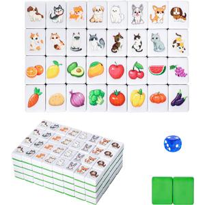 GRACIAS 4 Players Mahjong Block Set, 128 Green Tiles(1.18) with Animal and Food Pattern, Portable Mahjong Set with A Carry Bag, Mahjong Tile Game, 5 inches x 2.5 inches x 0.2 inches