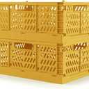 Domiella 2-Pack Crates for Storage, Storage Crates Plastic Stackable, Foldable Crate for Office Home Kitchen Bedroom Bathroom (Small, Golden Yellow)