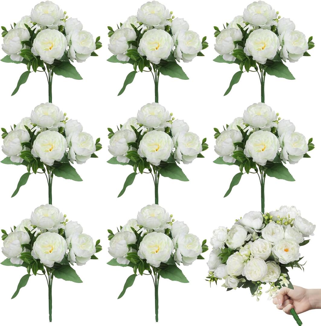 8 Bundles Artificial Peonies Silk Flowers White Faux Peony Bouquet Florals Arrangements Decor for Farmhouse Home Boho Bridal Wedding Table Centerpiece Decoration (White)