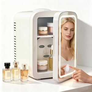 Portable 4L Beauty Fridge with Dimmable LED Makeup Mirror. Compact cold storage design maintains freshness of serums, creams and cosmetics, a great choice for home, bedroom, office and vehicle use, 21.7" mini