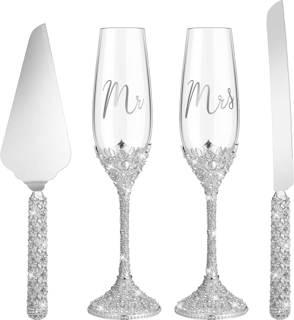 Sratte 4 Pcs Wedding Cake Knife and Champagne Flutes Server Set, Toasting Crystal Rhinestone Champagne Flutes Glasses Cake Knife Pie Server Wedding Gifts for Couple Bride Groom(Silver)