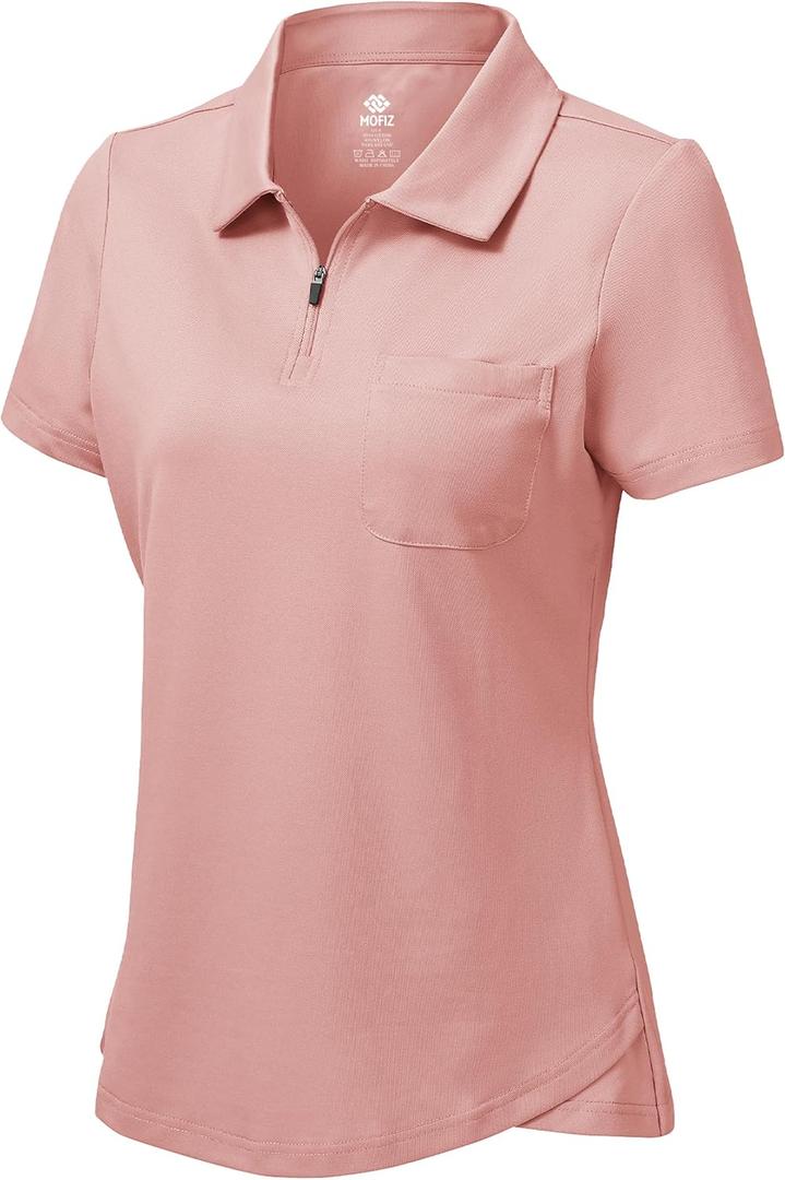 MoFiz Womens Zip up Golf Polo Shirt Short Sleeve Workout Golf Top Moisture Wicking Lightweight Tennis Shirts (Pink, XL)