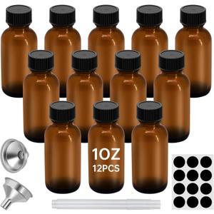 12Pcs 1oz Amber Glass Bottles - 30ML Small Glass Jars with Black Lids Empty Boston Bottle,Dispensing Bottles for Homemade Vanilla Extract, Essential Oils, Herbal Medicine (12)
