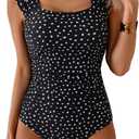 B2prity Womens One Piece Swimsuit Retro Square Neck Tummy Control Bathing Suits Ruched Modest Full Coverage Swimwear (Large, Black and White Spots)