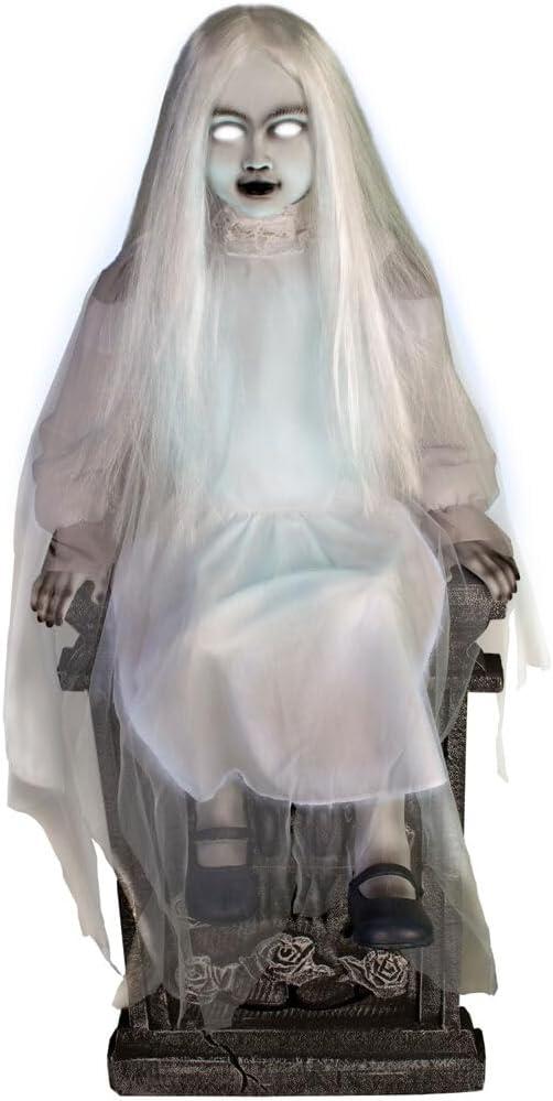 Haunted Hill Farm Motion-Activated Sitting Tombstone Girl by Tekky, Talking Animatronic for Indoor or Covered Outdoor Creepy Halloween Decorations, Plug-In or Battery Operated Prop