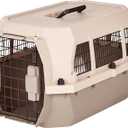 Amazon Basics Hard-Sided Dog and Cat Kennel, Single-Door Travel Pet Carrier with Metal Wire Ventilation, 23.6"L x 15.7"W x 13"H, Beige
