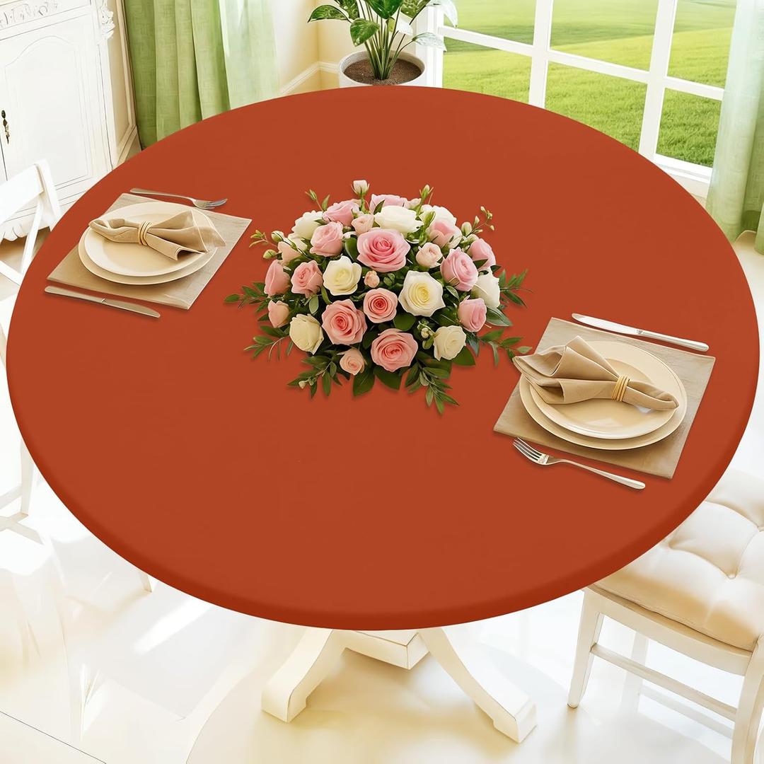 Moosfor Round Spandex Tablecloth, Elastic Fitted Waterproof Tablecloths for 36"-44" Tables, Stretch Washable Picnic Table Cover for Camping, Dining, Indoor and Outdoor, Rust