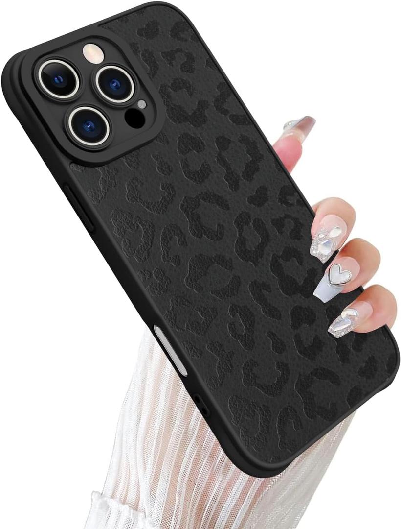 Case for iPhone 16 Pro Max Back Leopard Pattern Design, Black | Soft TPU Bumper PU Leather Shock Absorption Anti-Drop Protective Slim Cover for Women Girls Men