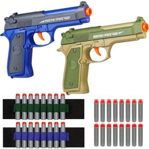 2 Pack Blaster Guns Boys Toy - with 16 Soft Foam Darts Bullets & 2 Wrist Bands - Christmas Birthday Hand Gun Toys Party Supplies for 6,7,8,9,10,11,12 Years Kids(Green Blue)