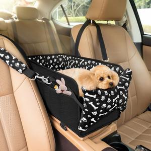 Center Console Dog Car Seat, Portable Pet Cat Puppy Booster Armrest Carseat, Anti-Collapse Pet Car Seat with Safety Leash, Adjustable Straps, Storage Pockets, Support Pet Up to 15lbs (Black)