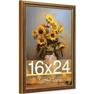 16x24 Picture Frame, HD Real Glass 16x24 Vintage Photo Frame, 16 by 24 Poster Frame with Vintage Gold Border Horizontal & Vertical Display for Tabletop or Wall Decor (1 Pack)