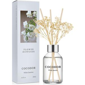 COCODOR Flower Reed Diffuser Set / 3.4oz / White Jasmine/Scent Diffuser with Sticks Home Fragrance Reed Diffuser for Bathroom Shelf Decor