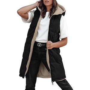 PHISOCKAT Long Vest for Women Sleeveless Reversible Puffer Vest Zipper Hoodie Fleece Vest Winter Outerwear Vests with Pockets, Black, Small
