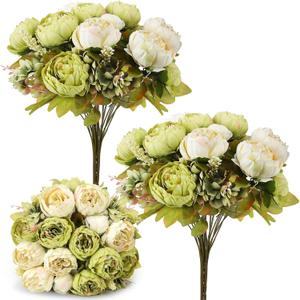 Silk Peony Flower Arrangement, 2 Bouquets Vintage Green & White Artificial Hydrangea Stems for Wedding, Home, Centerpiece, Table Decor