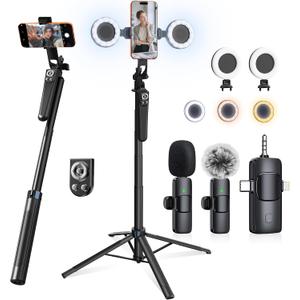 Content Creator Essentials Vlogging Kit for iPhone, 71" Tripod for iPhone Video Recording with Light, Wireless Microphones, Remote, Selfie Stick Phone Stand for TikTok, YouTube