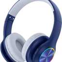 2024 Bluetooth Kids Headphones Fit for Aged 3-21, Colorful LED Lights Comfort Wireless Headphones with Microphone 94dB Volume Limited for School/iPad/PC/TV/Cellphones, Wired & TF Card Mode, Navy Blue
