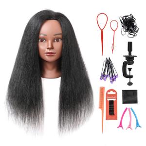 Mannequin Head with 100% Real Hair, 16" Cosmetology Mannequin Manikin Training Practice Doll Head for Hairdresser Braiding Hair Styling Hairdressing with Clamp Holder- Black