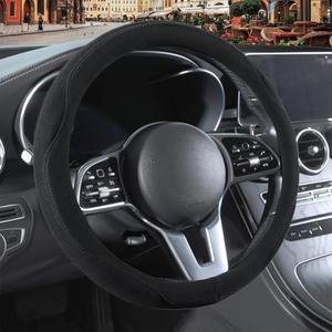 Binsheo Black Suede Steering Wheel Cover, Breathable Non-Slip Sweat-Proof Wear-Resistant No Pilling, Warm in Winter and Cool in Summer, Universal 15 inch