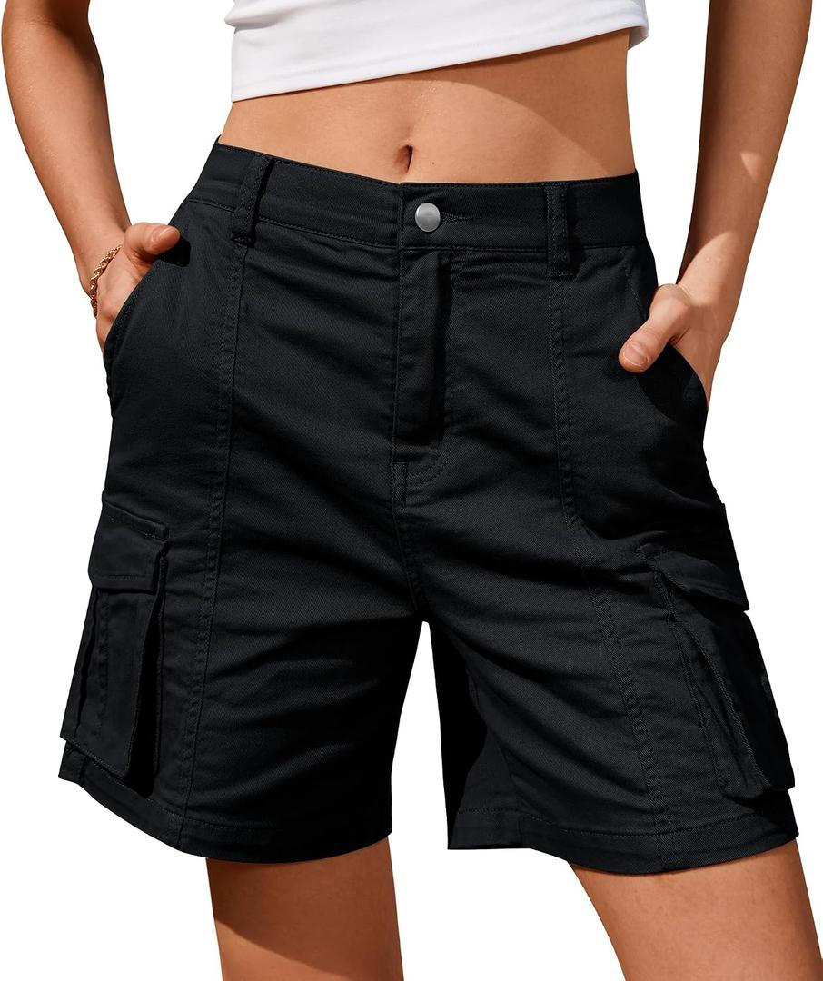 IVIR Bermuda Shorts for Women Cargo Shorts Knee Length 6 Pockets Elastic Waist Long Shorts for Summer Casual (Black, L)