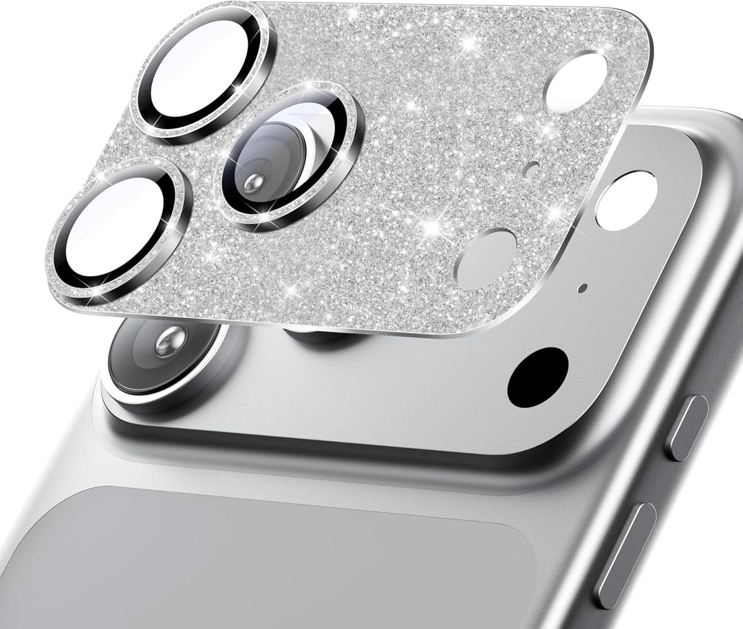 Hoerrye for iPhone 17 Pro Camera Lens Protector - [12FT Shatterproof Military Grade] [Strong Adsorption] Metal Top 9H+ Tempered Glass Camera Screen Full Cover Case Friendly,Glitter Silver