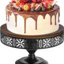 Wood Cake Stand, 12 Inch Rustic Wedding Cupcake Holder, Footed Dessert Display Riser with Metal Base, Hosting Pedestal Essential for Charcuterie Decor Birthday Baby Shower Tea Party, Black