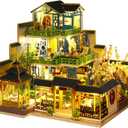 Spilay Dollhouse DIY Miniature Wooden Furniture Kit,Mini Handmade Big Castle Model with LED & Music Box,1:24 Scale Creative Doll House Toys for Adult Gift (Fuchun Resort With Led Dust Cover)