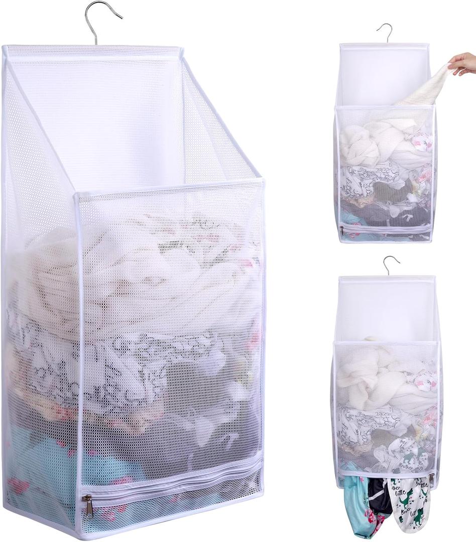 Hanging Collapsible Breathable Mesh laundry bags,Fast Drying Portable Space Saving Laundry Hamper for dorm,Rv Laundry Hamper Storage (White)