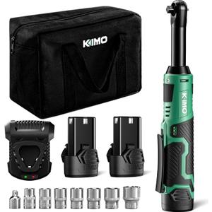 KIMO 3/8" Extended Electric Ratchet Wrench Set, 400RPM 40Ft-Lbs 12V Cordless Ratchet Wrench w/ 2x2.0 Ah Batteries, 1Hour Charger, 7Sockets & 1/4" Adapter, Power Ratchet with Variable Speed & LED Light