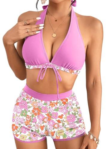 Herseas Women's Bikini Sets 2 Piece Tropical Print Swimsuit Halter Top & Boy Short Bathing Suit (Pink, XS)