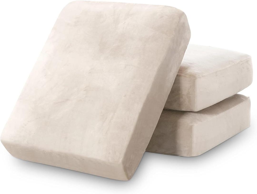 PrinceDeco Stretch Velvet Couch Cushion Covers for Individual Cushions Sofa Cushion Covers Seat Cushion Cover, Sofa Covers Washable, Cushion Sofa Covers for Sectional Couch - Ivory