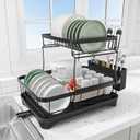Dish Drying Rack Two-Tier Drying Rack with Utensil Holder, Auto-Draining Dish Rack for Kitchen Counter, Large Capacity for Plates, Bowls, Cups, Dish Drainer with Drainboard, Black