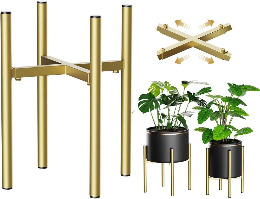 H HOMEXIN Adjustable Plant Stand Indoor, Metal Plant Stand 8 to 12 Inches, Single Floor Plant Pot Stand Mid Century Plant Holder for Indoor Outdoor Plants - Gold (Pot Not Included)
