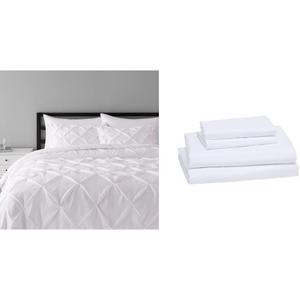 AmazonBasics Pinch Pleat Comforter Bedding Set, Full/Queen, Bright White & Lightweight Super Soft Easy Care Microfiber Bed Sheet Set with 16" Deep Pockets - Full, Bright White