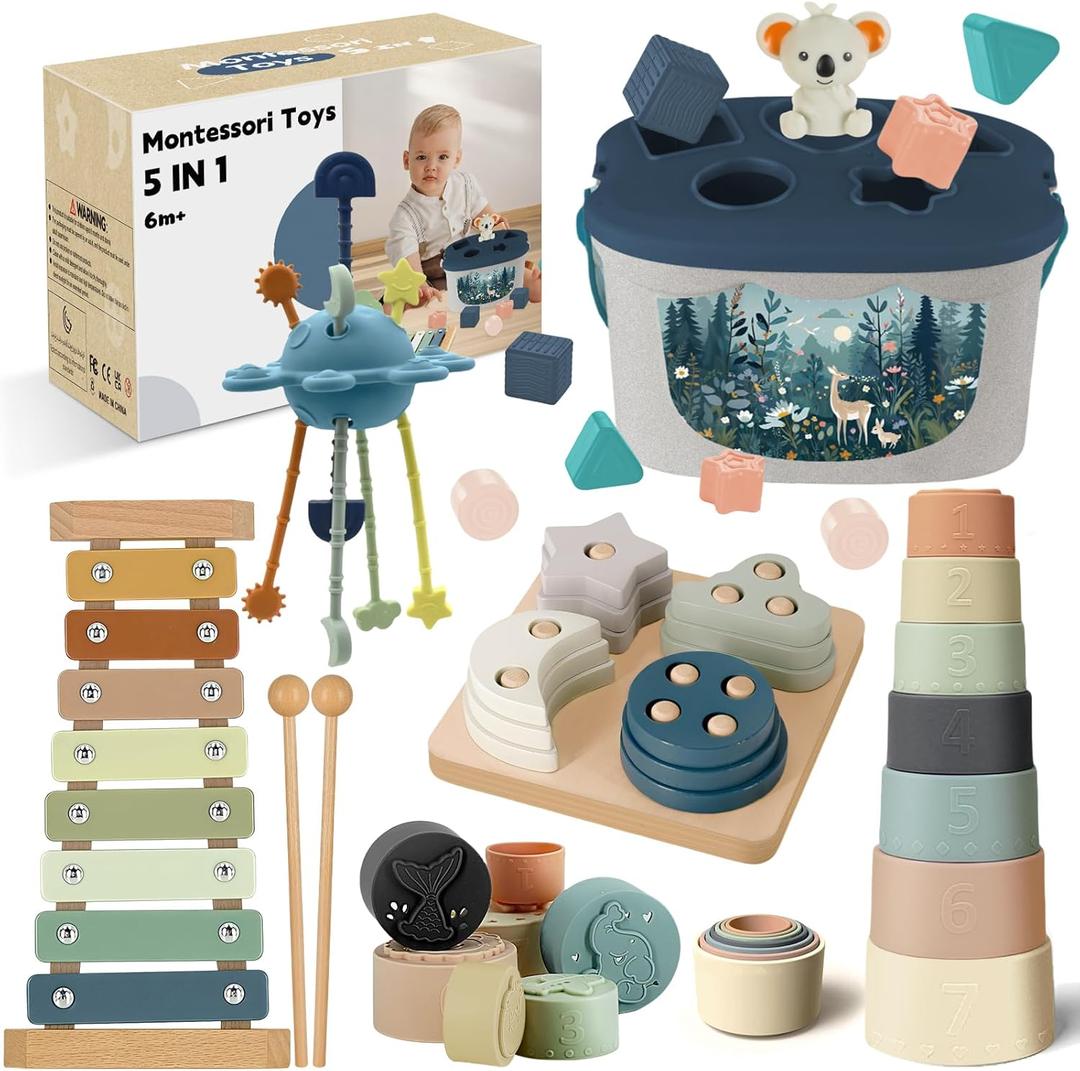 Montessori Toys for 6-12 Months, Baby Toys 6-12-18 Months with Baby Blocks Cup Toys, Pull String Toys, Shape Sorting Baby Development Toys for 6-24 Months Girls Boys Birthday Chiristmas Gifts